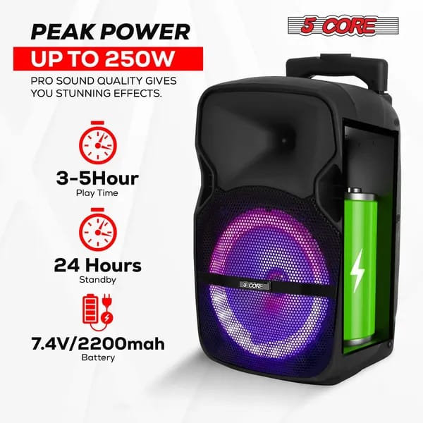 5 haut-parleurs de fête Bluetooth 250W Big Monster alimenté par un système de sonorisation extérieur rechargeable avec lumières disco et 2 micros karaoké sans fil avec poignée noire - Active Home 8 - 2 micros