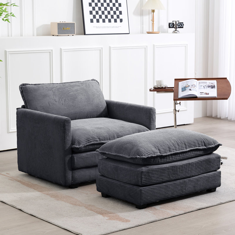 Fauteuil en velours côtelé avec repose-pieds Redenius, Velours côtelé gris foncé