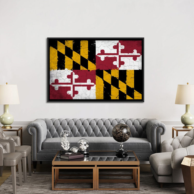 «Maryland Flag», impression grunge sur toile, H 18 po x l 26 po x P 1,5 po, Toile avec cadre noir, Pas de tapis