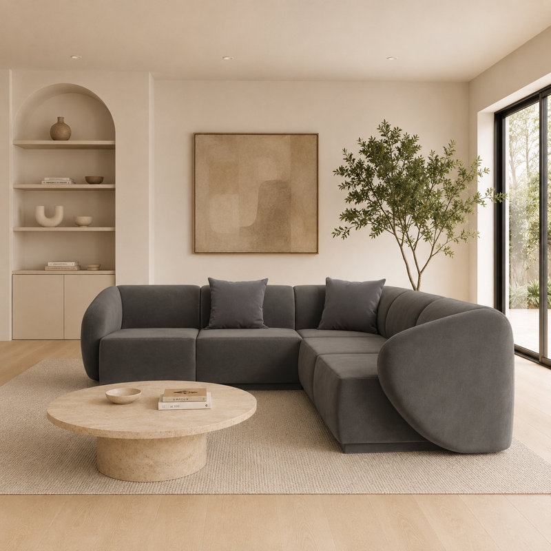 5 Seater Velvet Sofa & Chaise, Dark Grey Velvet