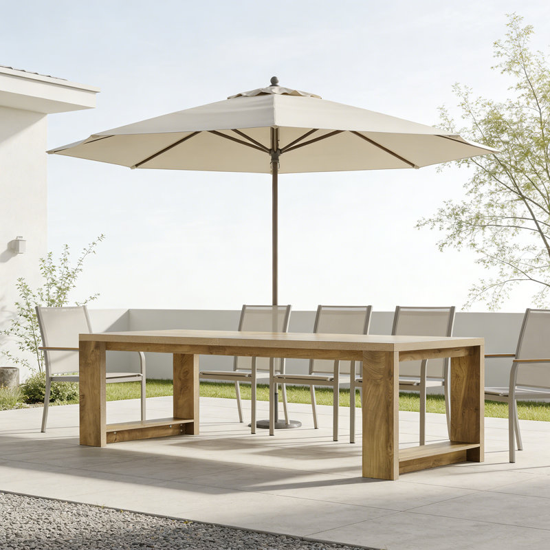 Table de salle à manger rectangulaire en bois massif et manufacturé brun clair avec double piédestal pour 6 personnes