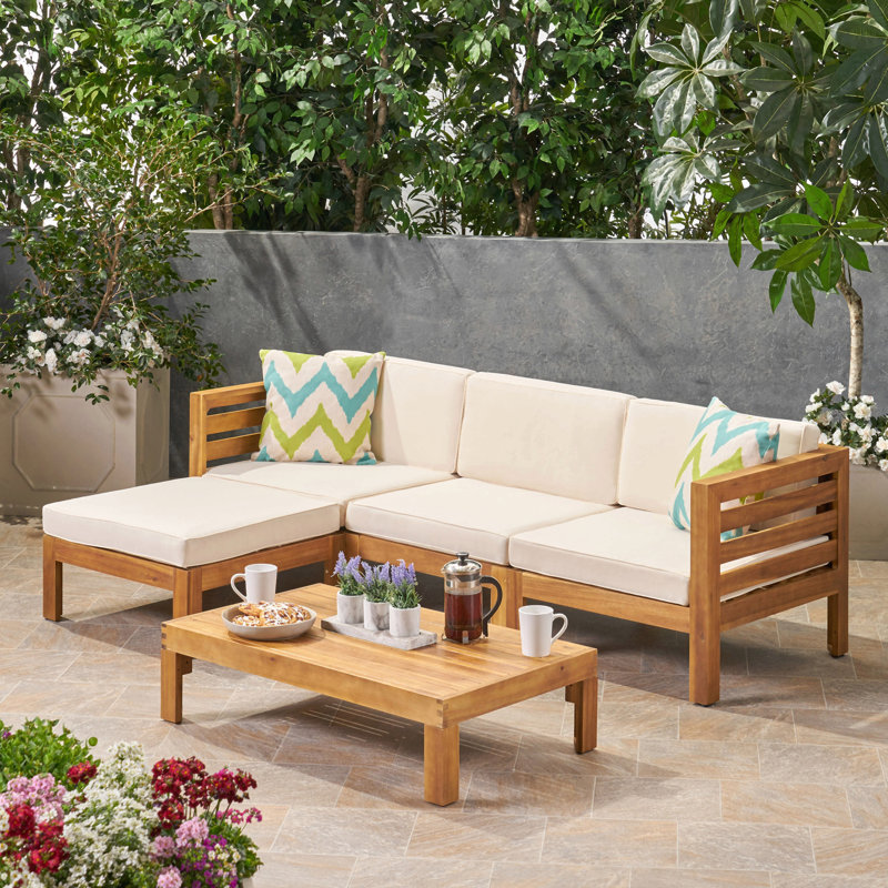 Ensemble de canapé en forme de L Cambridge, Coussin beige / structure en teck