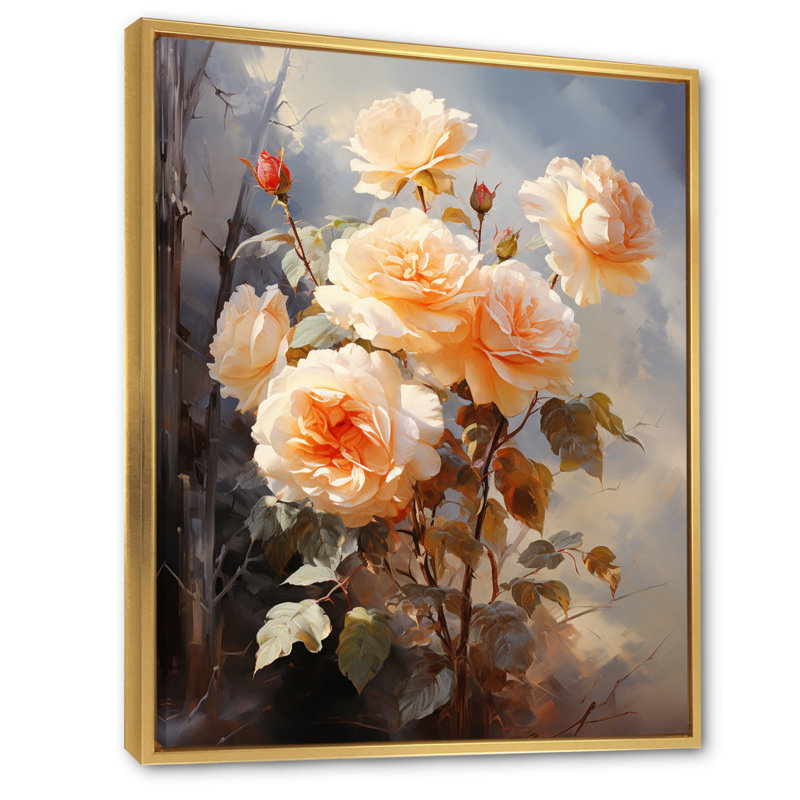 Impression romantique Carsta Peach Roses II, Cadre flottant doré, H 44 po x l 34 po x P 1,5 po