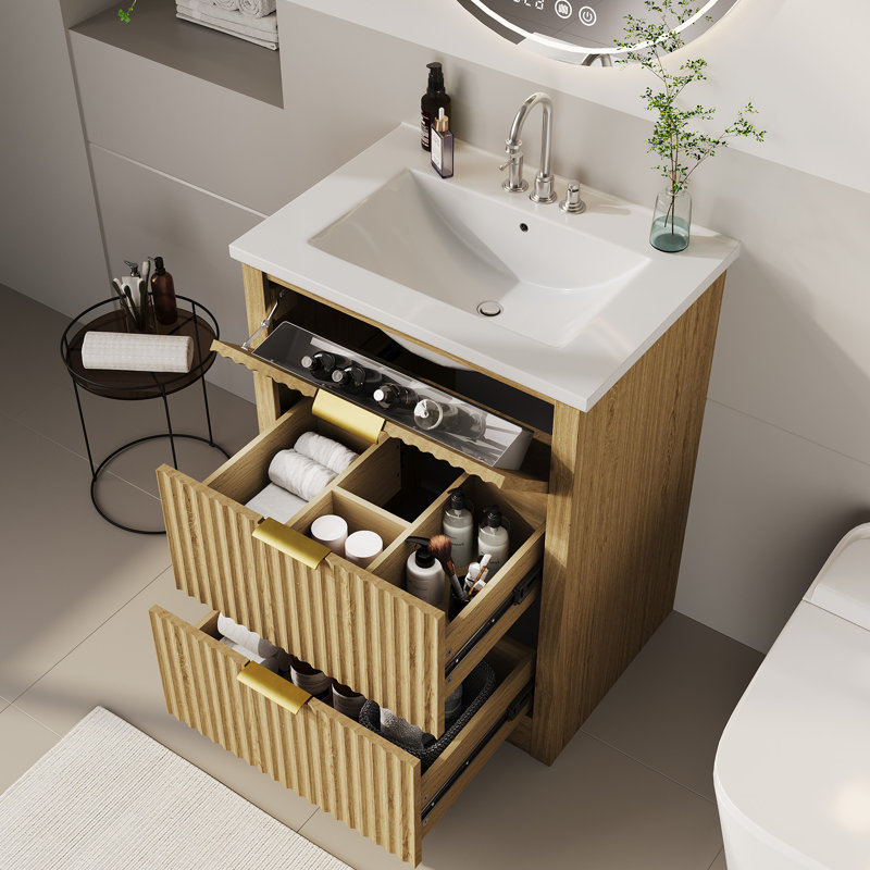 Modern Fluted Bathroom Vanity with Basin – Freestanding Cabinet, 2 Soft-Close Drawers, 1 Rotating-Down Drawer, Easy Assembly & Cleaning, Single Basin, 24 Inch