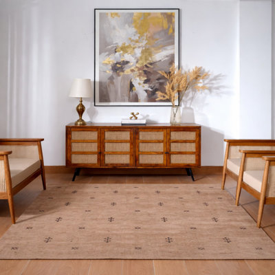 Tapis en laine nouée à la main et à tisser à la main Ownby - carré, couleur brun chameau, design moderne contemporain, tapis antidérapants faits à la main et épais pour le salon, la chambre à coucher