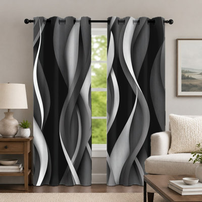 2Pcs Black and White Wave-Pattern Curtains, Minimalist Style Curtain, Contemporary Geometric Flowing Line Printed Art Grommet Drapes, Window Treatment for Bedroom Living Room Decor