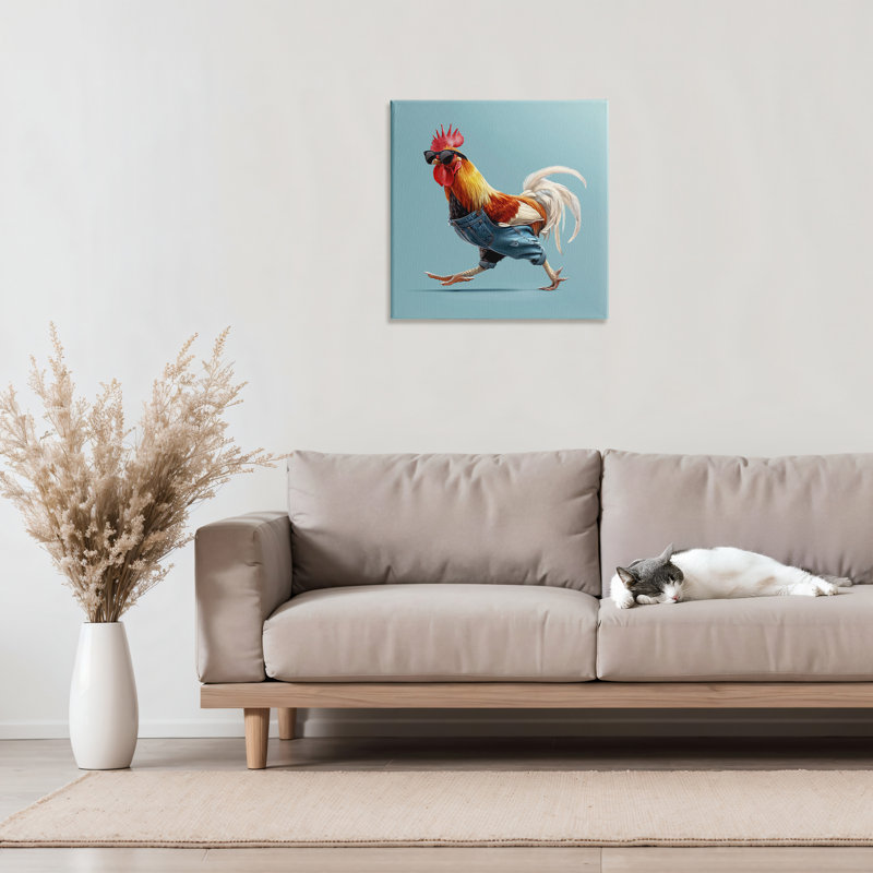 Rooster Run with Sunglasses Canvas, design by Jim Baldwin, 17" H x 17" W