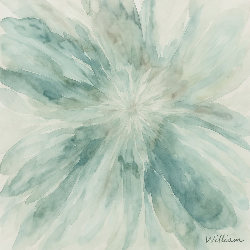 «Soft Bloom in Sage», art mural aquarelle sur toile, H 40 po x l 40 po