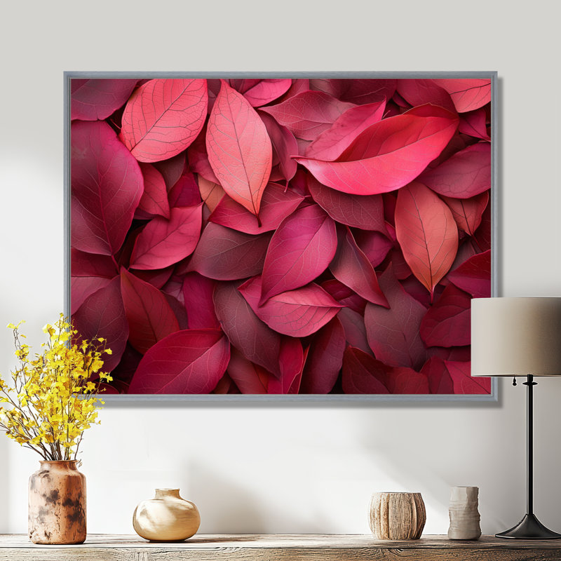 Ifzal Crimson Leaves Dancing Rose II - feuilles, art mural, H 12 po x l 20 po, Impression encadrée flottante, Argent argent