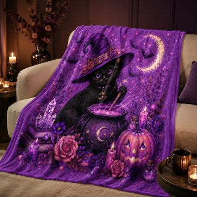 Witchy Cat Halloween Theme Fleece Blanket, Cozy Soft Throw Blanket for Sofa Couch Bedding, Halloween Party Home Decoration