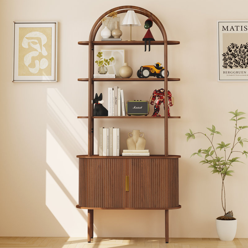 71" Arched Etagere Bookcase with Cabinet, Brown