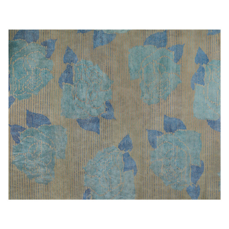 Lux Rose Floral Area Rug in Blue/Taupe, Rectangle 2' x 3'
