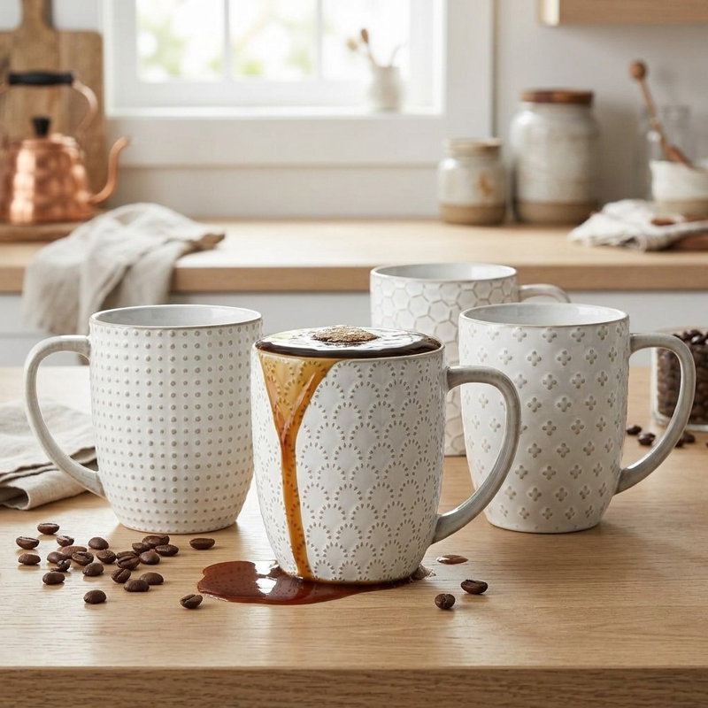 Coffee Mugs 16 oz Set of 4, Ceramic Mug, Embossment Cups