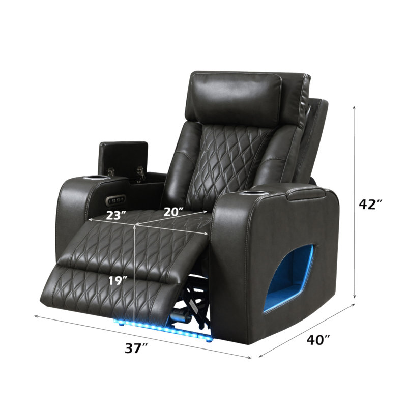 Fauteuil inclinable électrique en cuir synthétique gris foncé Taddeo avec appui-tête électrique, USB, chargeur sans fil et DEL