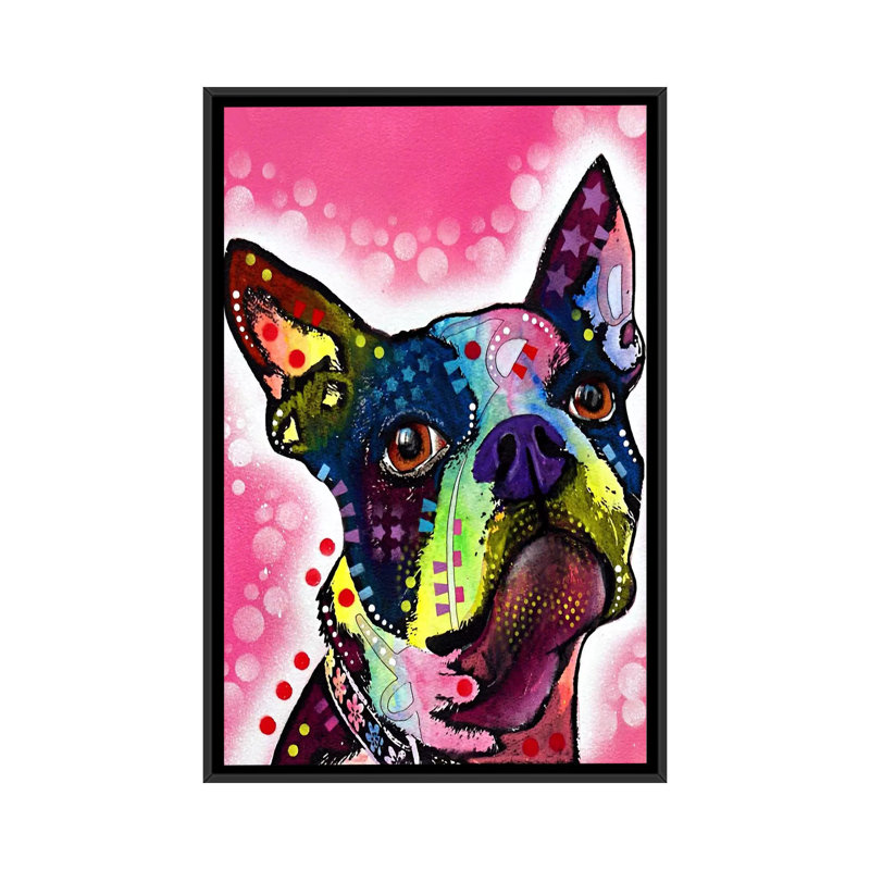 Boston Terrier - reproduction sur toile, H 26 po x l 18 po x P 1,5 po, Toile avec cadre flottant noir