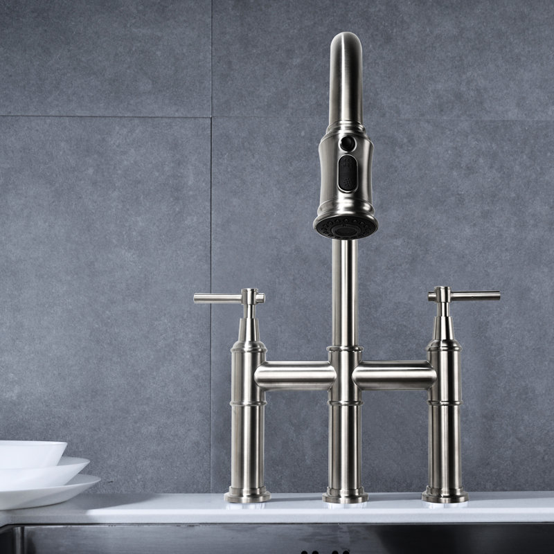 Brushed Nickel Kitchen Bridge Faucet With Pull-Down , Dual Handle For Precise Water Control & Temperature Regulation, 360-Degree Rotating High Spout, Brass, Barely Noticeable Splash- Aerator Spray
