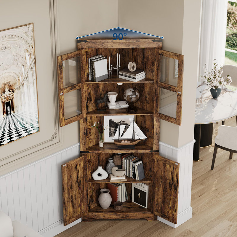 Tall Corner Cabinet, Farmhouse Corner Storage Cabinet with Glass Door & Adjustable Shelves for Living Room, Kitchen & Bathroom