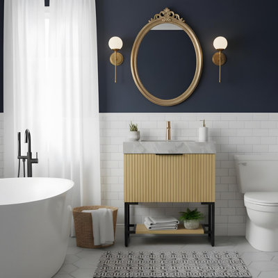 Meuble-lavabo autoportant en contreplaqué avec lavabo et tablettes ouvertes