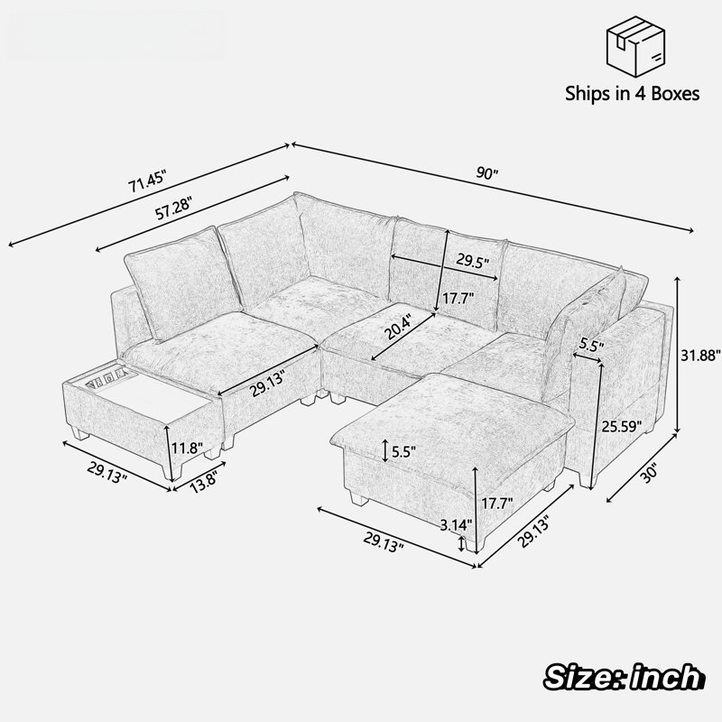 U-shaped Sectional Sofa Couch With A Movable Ottoman And A Coffee Table With Hidden Charging Devices, White