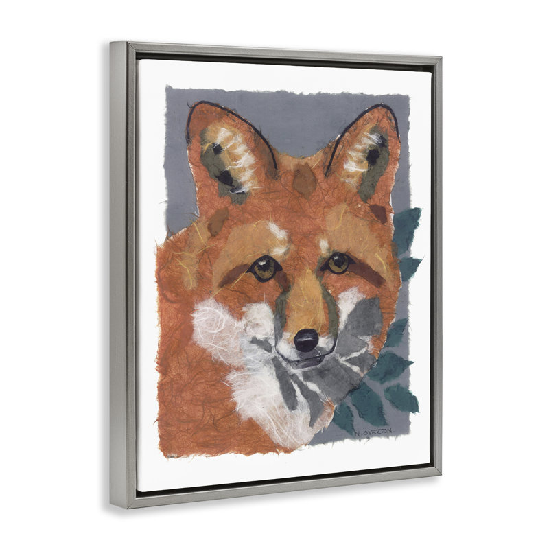 «Fox with Opaque Leaves», art mural sur toile par Nancy Overton, H 21 po x l 17 po x P 1,7 po, Cadre flottant gris lustré
