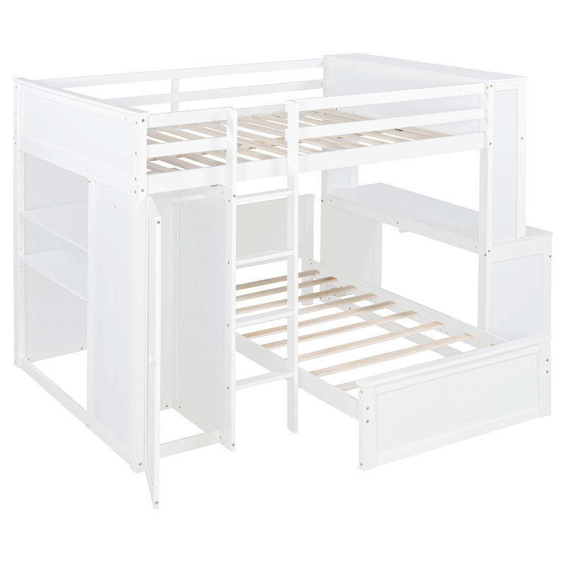 Lit mezzanine double avec lit simple autoportant, tablettes, bureau et garde-robe, Blanc