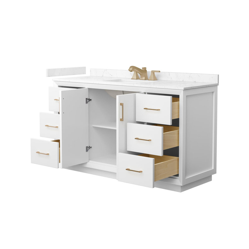 Meuble-lavabo simple autoportant 60 po avec plateau en marbre Strada, Blanc, Bronze satiné