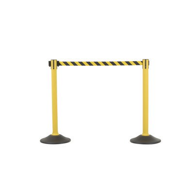 US Weight Yellow Plastic Stanchion for Crowd Control with 6.5' Retractable Chevron Barrier Belt with Tool-Free Assembly and Belt Ends that Fit Most Brands - 2 PK