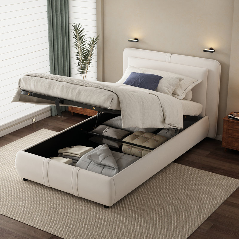 Upholstered Ottoman Storage Bed, Beige, Single (3')