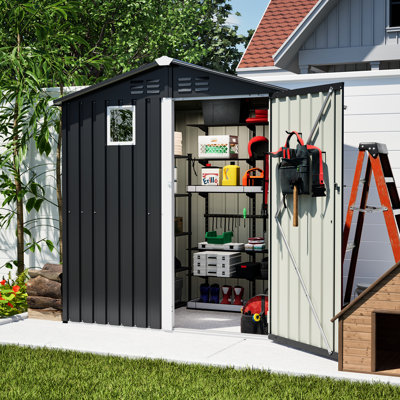 Remise de rangement en métal 6 pi x 4 pi pour l'extérieur, noir, rouille, équipement de pelouse spacieux, porte verrouillable, fenêtre non transparente, maison d'installation sans effort et rangement idéal pour l'équipement de jardin, fenêtre simple