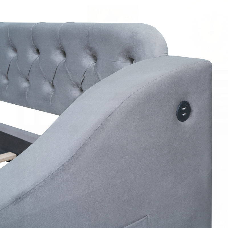 Lit de jour simple rembourré avec accoudoirs de rangement et port USB, gris, Gris