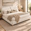 Lit plateforme capitonné bouclé, de format king, avec tête de lit incurvée de 20 cm d'épaisseur, pieds arrondis en hévéa massif et lattes en bois, sans sommier, beige-474325038