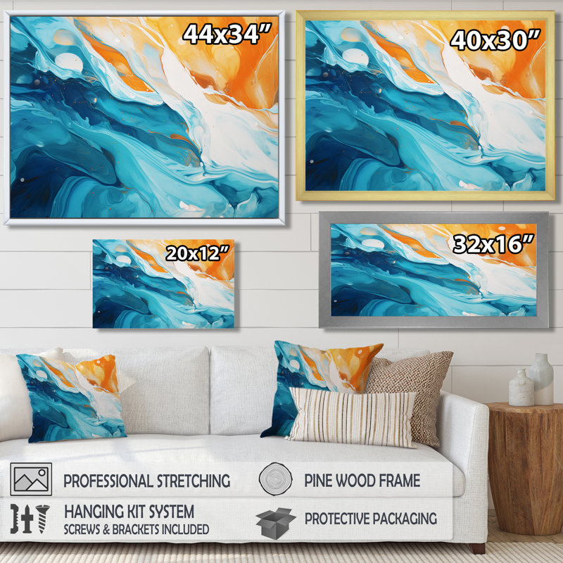 «Orange Blue Waves Reaching The Beach I», reproduction d'art abstrait à l'encre liquide, Wrapped Canvas, H 34 po x l 44 po