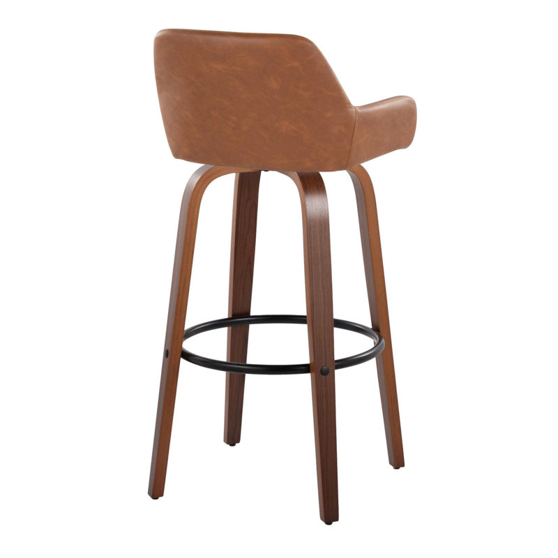 Daniella 30" Contemporary Fixed-Height Barstool With Swivel In Walnut Wood And Camel Faux Leather With Round Black Metal Footrest By Lumisource - Set Of 2