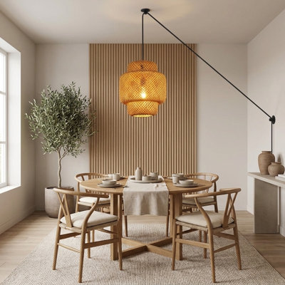 Natural Bamboo Lantern Pendant Hanging Light Rustic Wicker Rattan Chandelier For Farmhouse Restaurant Living Room Dining Room Kitchen Island
