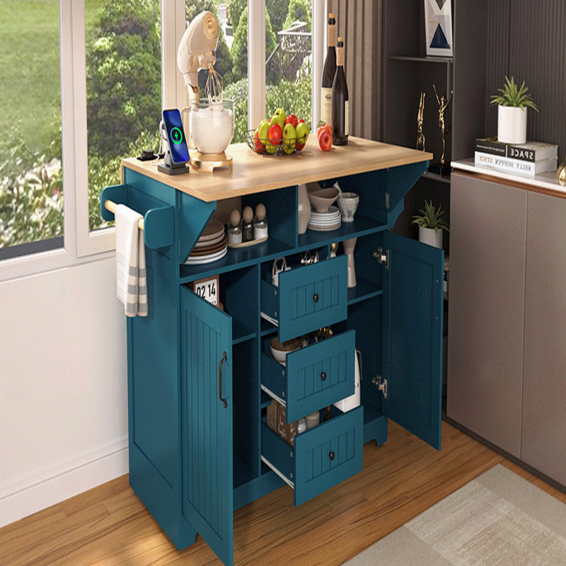 Îlot de cuisine de 55,7 po avec 2 abattants, roulant sur 5 roulettes, prise de courant, rangement de tiroir de table pliable, salle à manger spacieuse et style rétro,