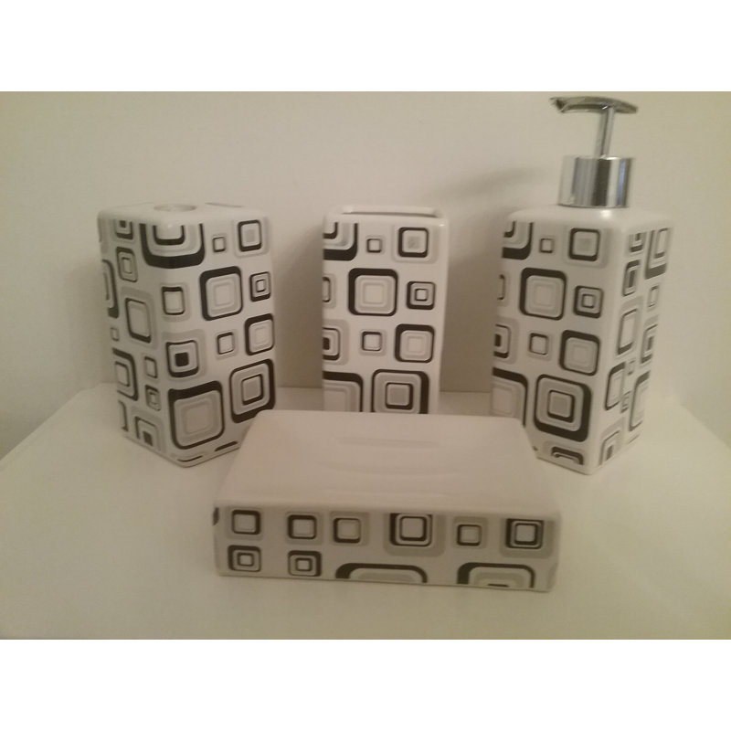 Four Piece Taupe, Black and White Squares Porcelain Bathroom Set