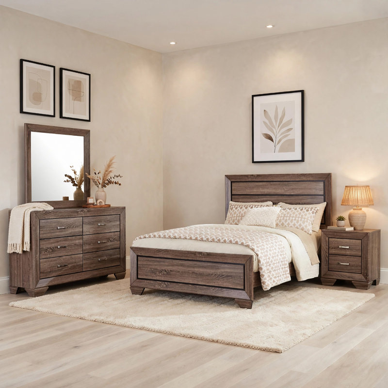 Ensemble de chambre avec grand lit 4 pièces Bello, brun taupe transitionnel et noir, Grand lit