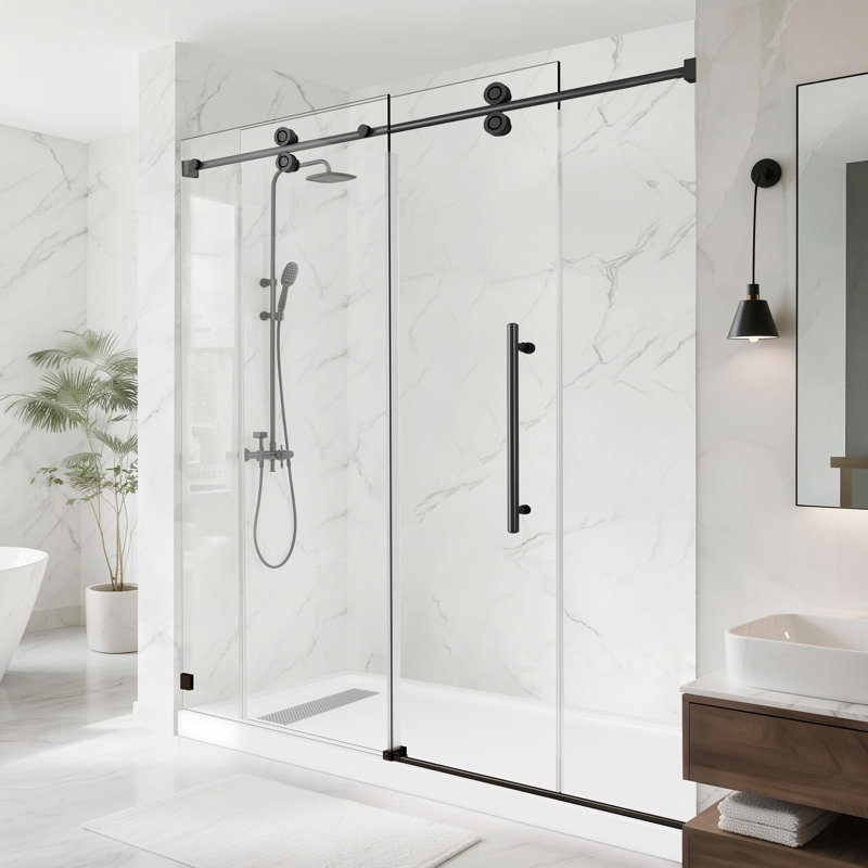 72"W x 76"H Frameless Shower Door with 3/8" (10mm) Easy-Clean Glass, 2" Adjustable Stainless Steel Rail, Matte Black