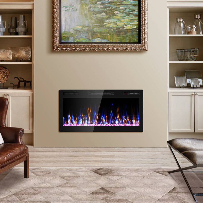 Electric Fireplace Recessed Wall Mounted Wide Screen Ultra Narrow Bezel Frame HD Flame Effect Crystal Fuel Bed Modern Fire Places with Remote Control
