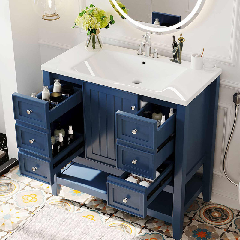 Meuble-lavabo simple 36 po avec plateau Leiding, Bleu marine