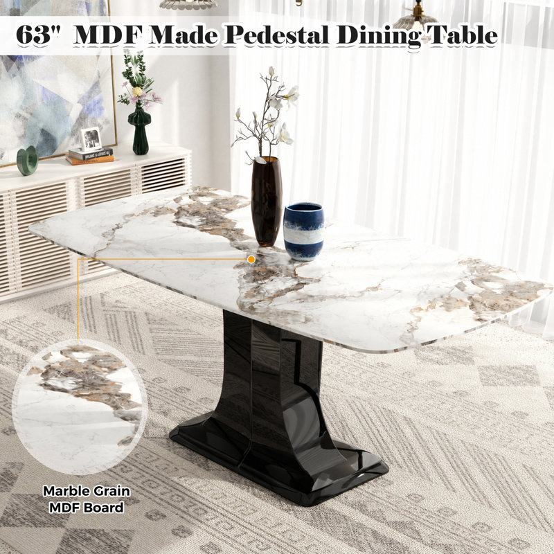 Ensemble repas rectangulaire à piédestal en marbre avec chaise de salle à manger capitonnée en velours, Blanc, Gris