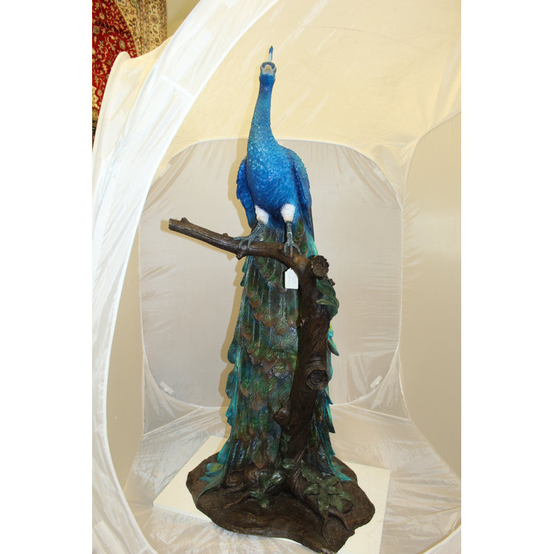 Peacock on Tree Bronze Statue -  Size: 31"L x 30"W x 64"H.