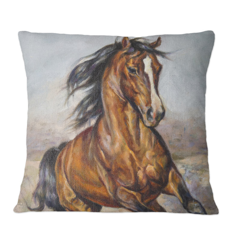 Portrait d'un cheval dans la course - Coussin décoratif à imprimé traditionnel, 16 po x 16 po