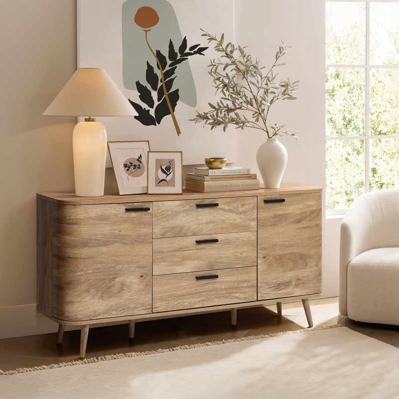 59.1" W 2-door 3-Drawer Sideboard Cabinet with rounded corner Natural Oak Manufactured Wood