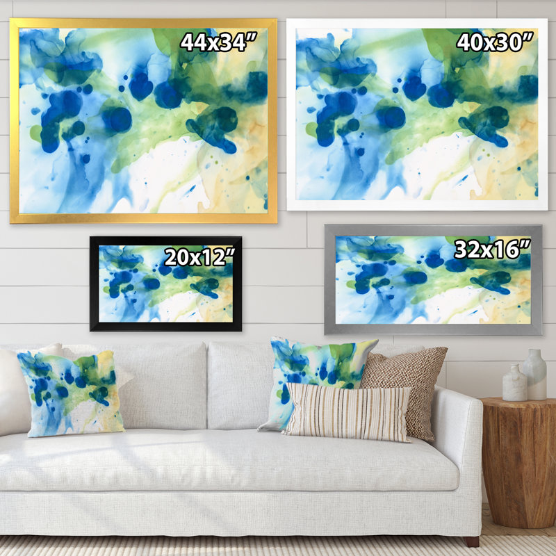 Encre verte, éclaboussures bleues et œuvres d'art sur toile moderne, Encadrement doré, H 24 po x l 36 po x P 1,5 po