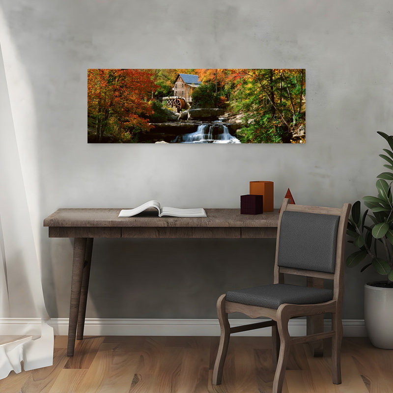 Panoramic Of Glade Creek Grist Mil And Autumn Reflections And Waterfall In Babcock State Park WV by J Sohm/VOA LLC - Wrapped Canvas Panoramic Print