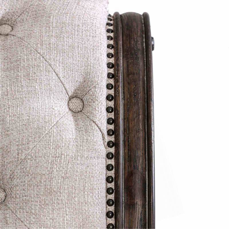 Mobilier de chambre rustique capitonné en tissu beige, Grand lit