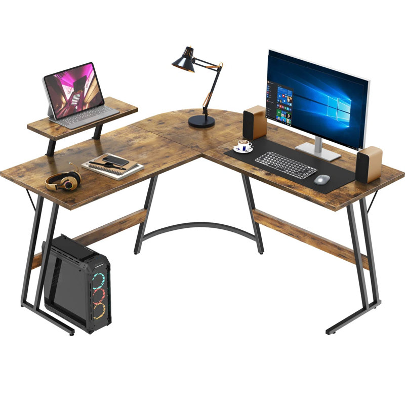 Sherri L Shaped Gaming Computer Desk with Large Monitor Stand, Classical Brown/Black, 29" H x 51" W x 20" D