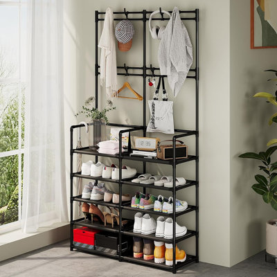 Portemanteau à 5 niveaux avec porte-chaussures, portemanteau d'entrée avec 8 crochets, range-chaussures double pour salon, chambre à coucher, bureau, noir