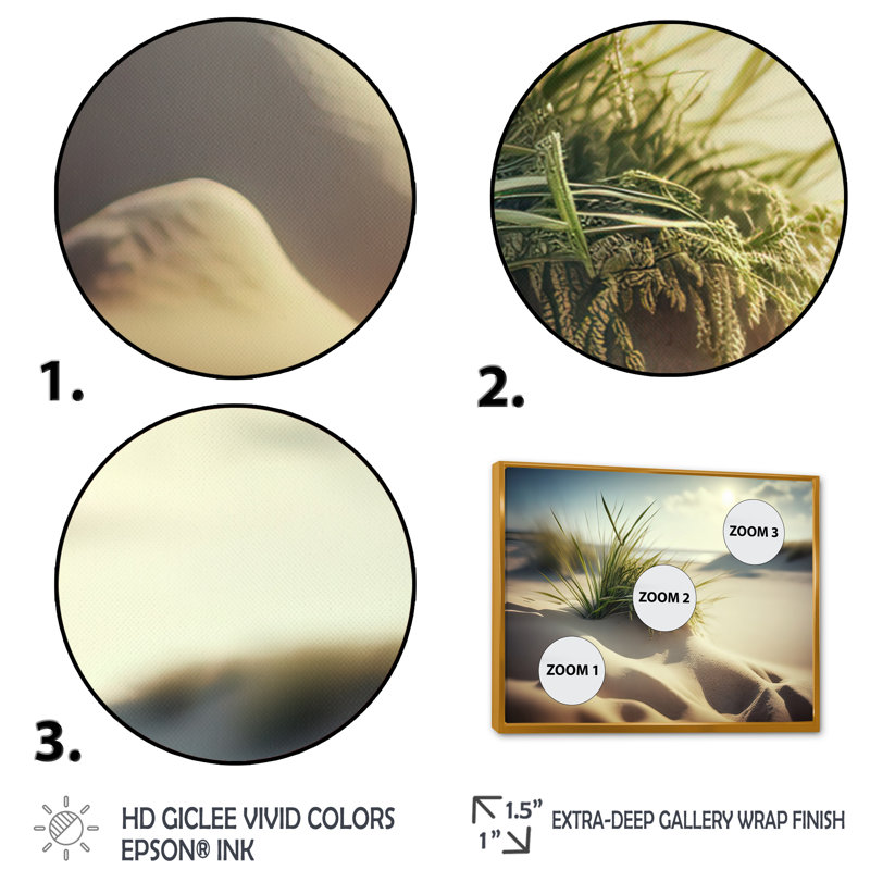 Grass on Sand Dunes I - photographie sur toile, H 16 po x l 32 po x P 1 po, Toile avec cadre flottant or